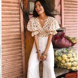 Daughters of India Meera Floral wrap Blouse in Cream and Pink NWOT